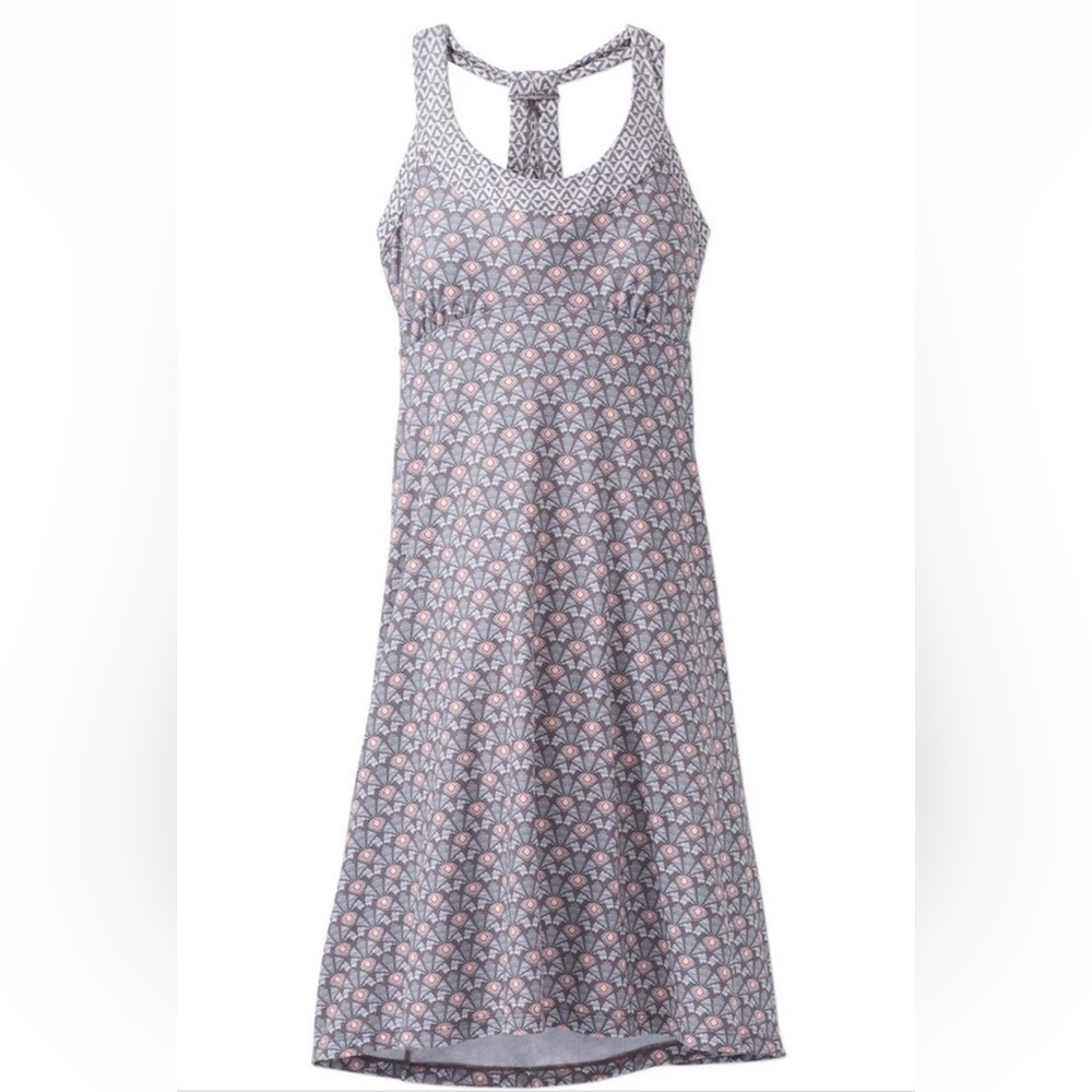 prAna Cali Midi Athletic Dress Built-In Bra | Grey Geometric Print | Size Medium